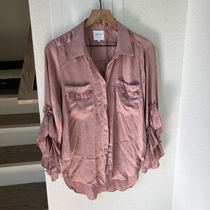 MISA Los Angeles Ruffle Sleeve Button Down Top Blouse in Mauve Pink